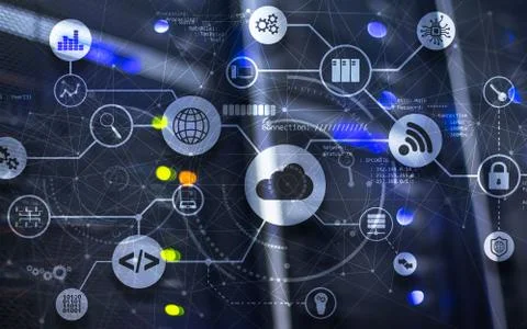 Connection Network Project 2020. Mixed Media Graphics on Virtual Screen Data Stock Photos
