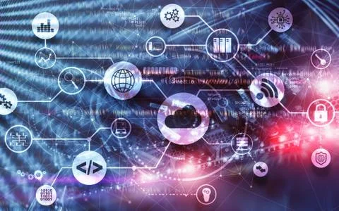 Connection Network Project . Mixed Media Graphics on Virtual Screen Data Center Stock Photos