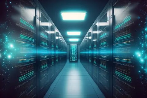 Connection network in servers data center room storage systems. 3D rendering. Illustrazione stock