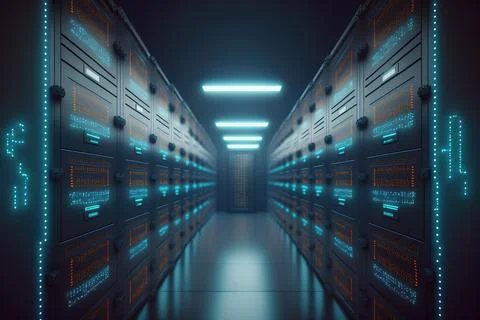 Connection network in servers data center room storage systems. 3D rendering. 스톡 일러스트