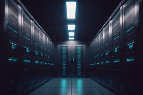 Connection network in servers data center room storage systems. 3D rendering. Illustrazione stock