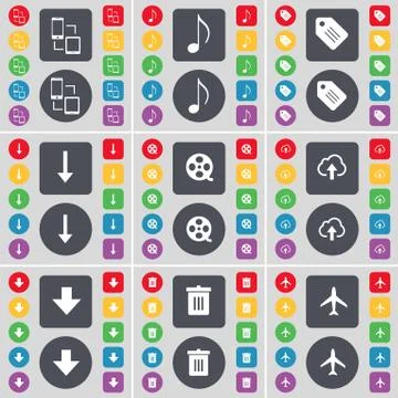 Connection, Note, Tag, Arrow down, Videotape, Cloud, Arrow down, Trash can, Airp Stock-Illustration