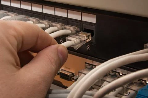 Connection patch cable to patch panel Stock Photos