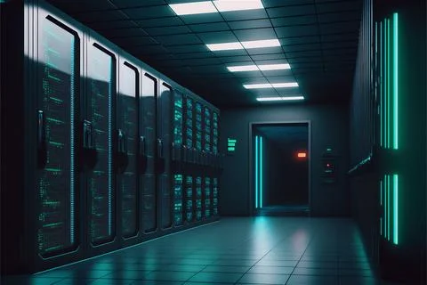 Connection server racks room with big data computers center. Green light Stockillustratie