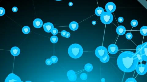 Connection of shields, symbol of safety network, 3D render, cybersecurity Stock Illustration