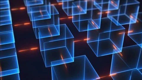 Connection structure of many neon cubes. Computer generated isometric background Video stock 119710142