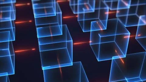 Connection structure of many neon cubes. Computer generated isometric background Stockillustratie