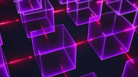 Connection structure of many neon cubes. Computer generated isometric back... Stock Photos