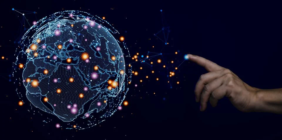 Connection technologies background, Human finger touching on global network l Stock Photos
