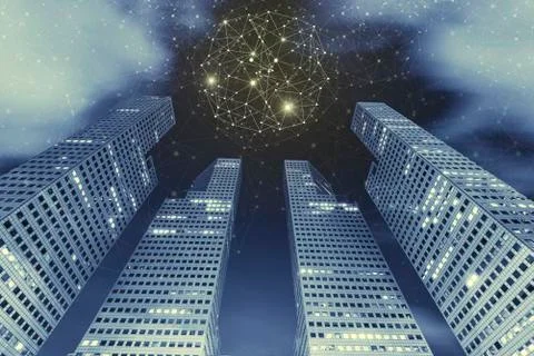 Connection technology background concept. High modern building in city at nig Stock Photos