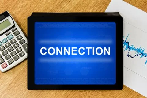 Connection word on digital tablet Stock Photos