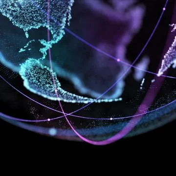 Connections global communication orbits in the world map view on dark space Illustrazione stock