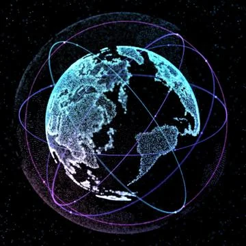 Connections global communication orbits in the world map view on dark space Illustrazione stock
