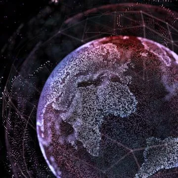 Connections global communication in the world map view on dark space background Stock Illustration