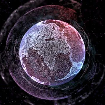 Connections global communication in the world map view on dark space background Illustrazione stock