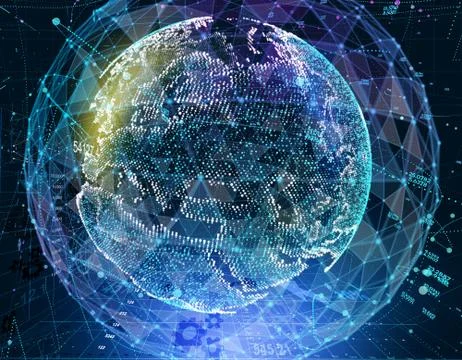 Connections global communication in the world map view on dark space background Illustrazione stock
