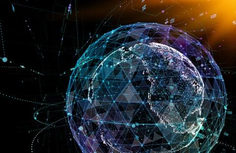 Connections global communication in the world map view on dark space background Illustrazione stock