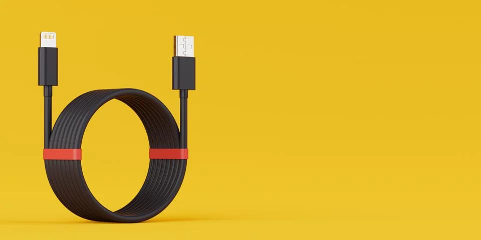 Connectivity and Charging Solutions Concept. Red USB Cable Neatly Coiled in.. Illustrazione stock