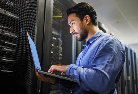 Connectivity, data center and a man with a laptop for maintenance, cyber Stock-Fotos