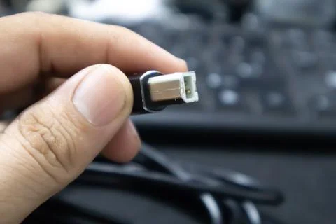 Connectivity in Hand: A Man Holding a Printer Cable Stock Photos