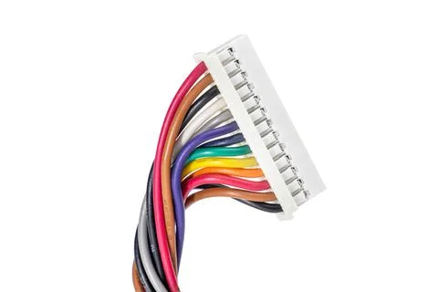 Connector for computer power supply with colored wires. On a white isolated b Stock Photos
