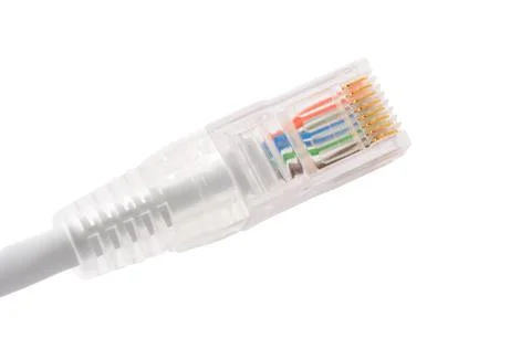 Connector RJ45 on patch cable isolated over white background. 写真素材