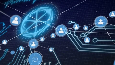 Connector showing from central node avatar nodes branching and crossing HUD, 動画素材 330717688