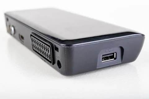 Connectors in the DVB-T TV decoder. A device for receiving digital terrestria Stock Photos