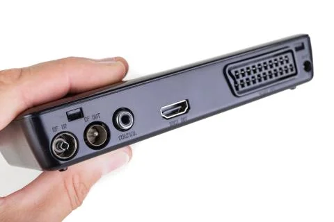 Connectors in the DVB-T TV decoder. A device for receiving digital terrestria Stock Photos