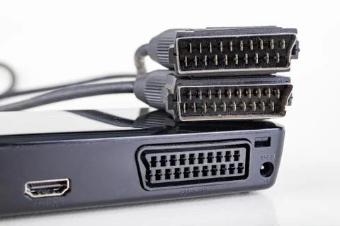 Connectors in the DVB-T TV decoder and the EURO cable. A device for receiving Stock Photos