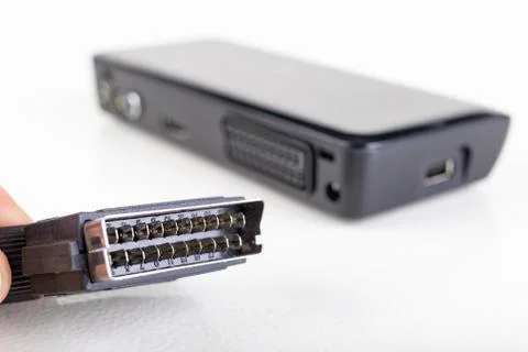 Connectors in the DVB-T TV decoder and the EURO cable. A device for receiving Stock Photos