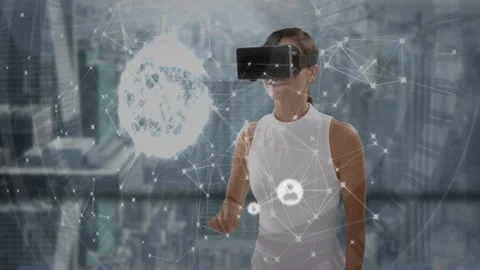 Connectors moving and digital data on a woman using VR helmet Stockbeeldmateriaal 125081286