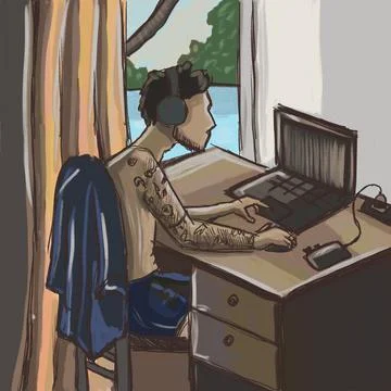 Cons of freelance work, work at home at the laptop, freelance guy on the island Stockillustratie