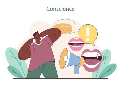 Conscience concept. Individual facing a call to conscience, represented by Stock Illustration