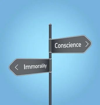 Conscience vs immorality choice road sign on blue background Stock Illustration