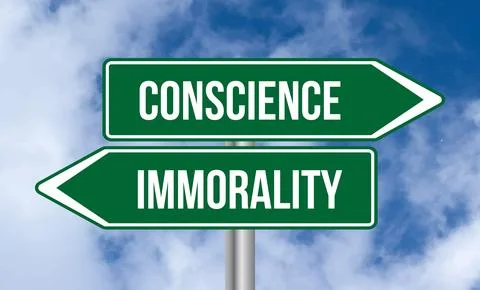 Conscience vs immorality road sign on cloudy sky background Stock Photos
