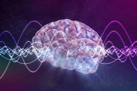 Consciousness concept. Brain and signal waves in background. 3D rendered illu Stock Illustration