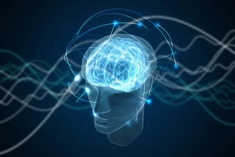 Consciousness, metaphysics or artificial intelligence concept. Waves go throu Stockillustratie
