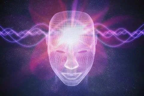 Consciousness, metaphysics or artificial intelligence concept. Waves go throu Stock Photos