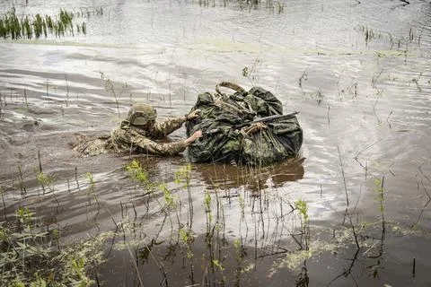 Conscripts from the Life Guards during military exercise at Danish Kulsbjerg Tra Stock Photos