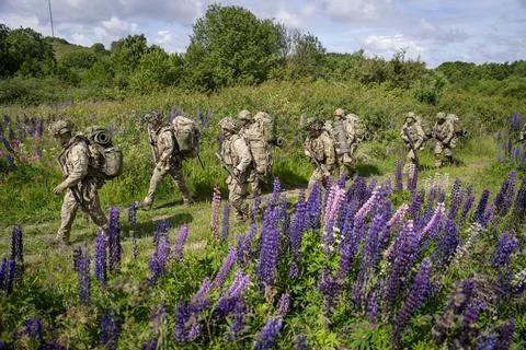Conscripts from the Life Guards during military exercise at Danish Kulsbjerg Tra Fotos de archivo