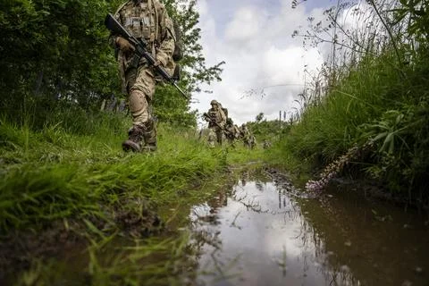 Conscripts from the Life Guards during military exercise at Danish Kulsbjerg Tra Stock Photos