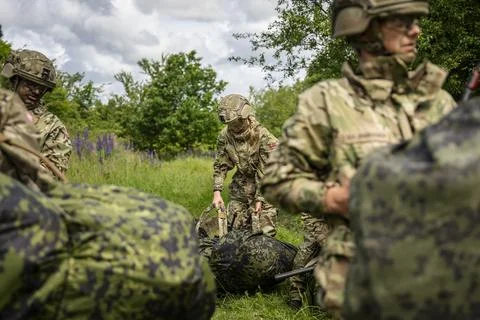 Conscripts from the Life Guards during military exercise at Danish Kulsbjerg Tra Foto stock