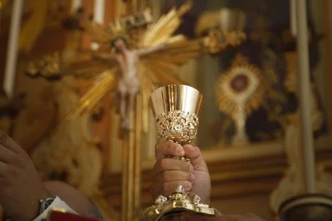 Consecration of bread and wafer wine Stock Photos