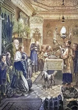 Consecration of Easter food in the house of a wealthy Pole, priest consecrate Stock Illustration