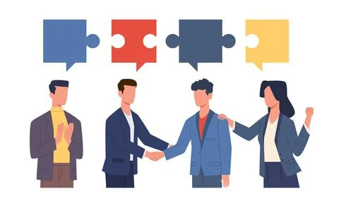 Consensus. Agreement in discussion. People shake hands. Puzzle connection Stock Illustration