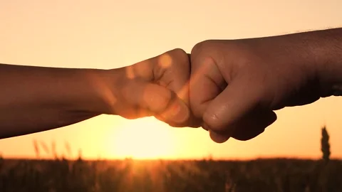 Consent trust sign at sunset. harmony of successful friendship. beat fists at Stock Footage 250070208