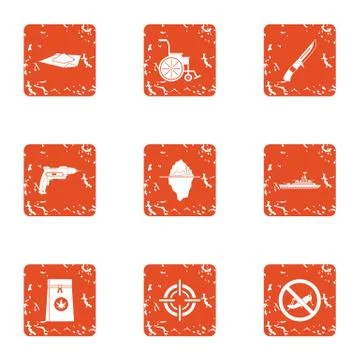 Consequence of war icons set, grunge style Stock Illustration