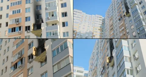 Consequences of a fire in an apartment in a multi-storey building, collage Vídeos de archivo 221398645