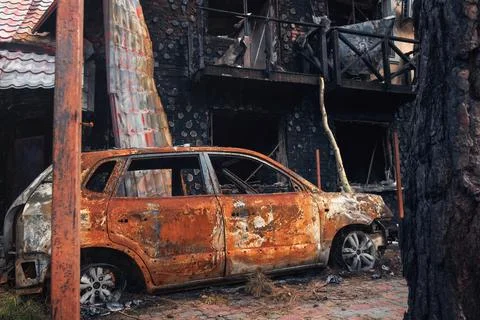 Consequences of rocket fire during Russia's war against Ukraine. Stock Photos